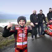 Six-year-old Freddie Irwin was cheering on his Dad, Glenn, as the May 7-13 event was launched at the Giant’s Causeway this week. Race bosses Mervyn Whyte and Stanleigh Murray were joined by William McCausland of fonaCAB and Gary Nicholl of Nicholl Oils, who will be the title sponsors of the event once again in 2023.
PHOTOGRAPH BY STEPHEN DAVISON
