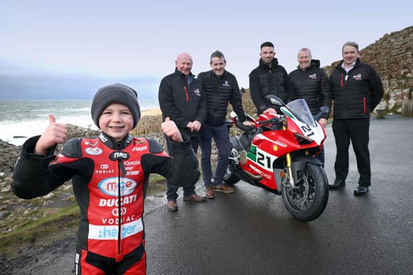 Six-year-old Freddie Irwin was cheering on his Dad, Glenn, as the May 7-13 event was launched at the Giant’s Causeway this week. Race bosses Mervyn Whyte and Stanleigh Murray were joined by William McCausland of fonaCAB and Gary Nicholl of Nicholl Oils, who will be the title sponsors of the event once again in 2023.
PHOTOGRAPH BY STEPHEN DAVISON