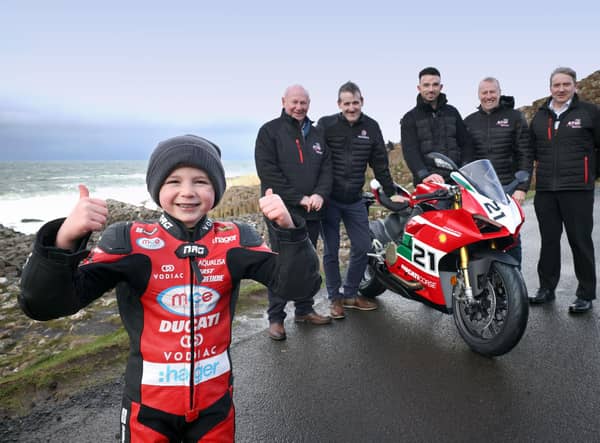 Six-year-old Freddie Irwin was cheering on his Dad, Glenn, as the May 7-13 event was launched at the Giant’s Causeway this week. Race bosses Mervyn Whyte and Stanleigh Murray were joined by William McCausland of fonaCAB and Gary Nicholl of Nicholl Oils, who will be the title sponsors of the event once again in 2023.
PHOTOGRAPH BY STEPHEN DAVISON