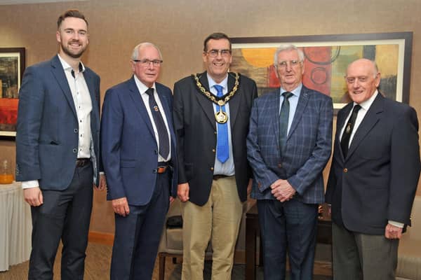 Lord Mayor of Armagh City, Banbridge and Craigavon, Alderman Stephen Moutray and Councillor Kyle Moutray with John Proctor, William McClean and Joe Partridge, the trustees of Carleton Street Orange Hall.