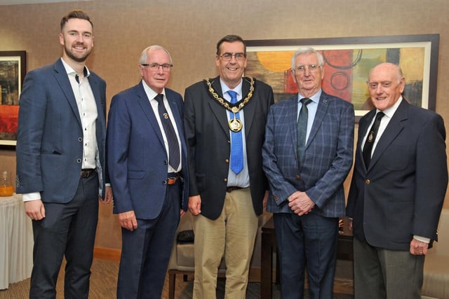 Lord Mayor of Armagh City, Banbridge and Craigavon, Alderman Stephen Moutray and Councillor Kyle Moutray with John Proctor, William McClean and Joe Partridge, the trustees of Carleton Street Orange Hall.