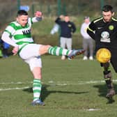 Newry Celtic's Keith Johnston shoots at the Cleary Celtic posts at Artie Green Park when they met earlier in the league. It's all coming down to the wire now. Picture: Brendan Monaghan