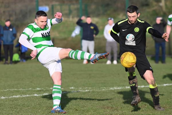 Newry Celtic's Keith Johnston shoots at the Cleary Celtic posts at Artie Green Park when they met earlier in the league. It's all coming down to the wire now. Picture: Brendan Monaghan