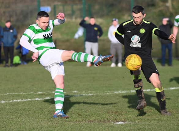 Newry Celtic's Keith Johnston shoots at the Cleary Celtic posts at Artie Green Park when they met earlier in the league. It's all coming down to the wire now. Picture: Brendan Monaghan