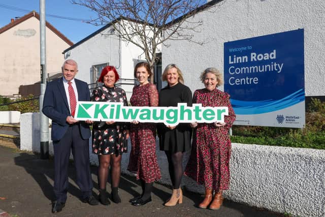 Larne Community Development Project offers people a warm space this winter. Celebrating the initiative at the most recent weekly luncheon club is Raymond Robinson of Brighter Futures and Kilwaughter Minerals’ Jeannine Barr and Elaine Gilligan, alongside LCDP representatives, Deborah Neill and Annette White.   Photo:  Darren Kidd