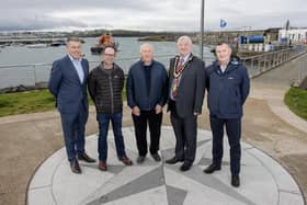 (l-r) Mark O’Donnell (Dept for Communities), Greg McDaid (Northstone), John McNally (Portrush Heritage Group), Mayor of Causeway Coast and Glens, Councillor Steven Callaghan, and Derek Logue (GM Design Associates). Credit McAuley Multimedia