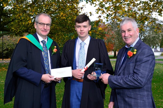 Jonathan French, Randalstown, was presented with the Department of Agriculture, Environment and Rural Affairs Prize awarded to the top Level 2 Technical Certificate in Agriculture student. Congratulating him are Victor Chestnutt, immediate past president of the Ulster Farmers’ Union and Martin McKendry, CAFRE director.