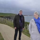 Kate Murphy tells Joe Mahon a story or two at Magheracross viewing point outside Portrush