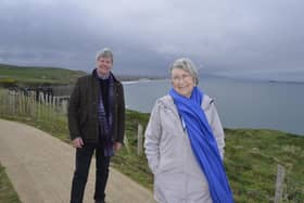 Kate Murphy tells Joe Mahon a story or two at Magheracross viewing point outside Portrush