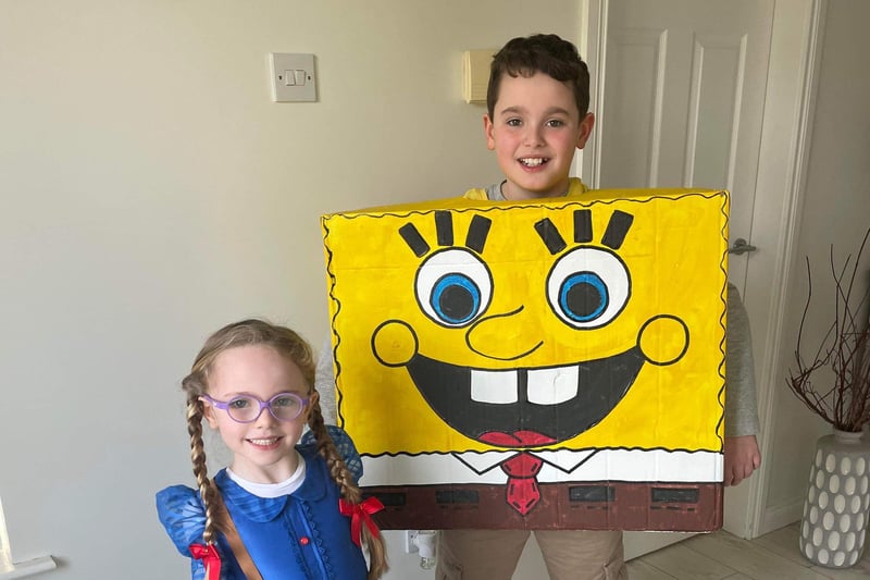 Olly (9) as Spongebob and Lily (5) as Matilda on their way to Kilmoyle Primary School on World Book Day.