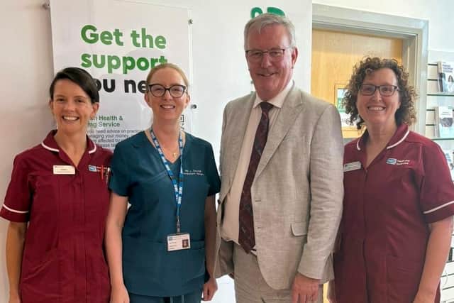 Claire Reid (Breast Care Nurse Specialist), Ms Lynn Darragh (Consultant Surgeon), Health Minister, Mike Nesbitt, MLA, Kathy Grant (Breast Care Nurse Specialist). Pic credit: SEHSCT