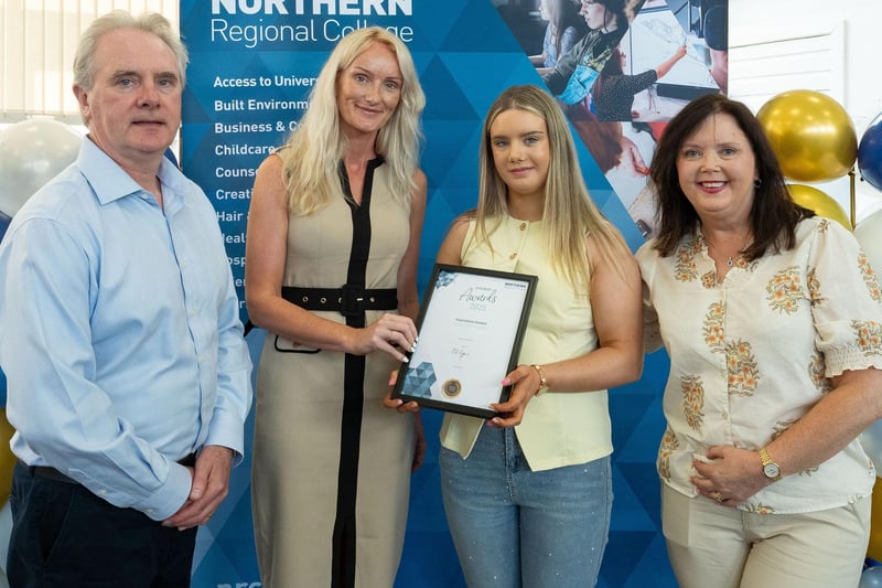 Aisling McGarry, Highly Commended Inspirational Student with Helen Hampsey, Assistant Curriculum Director Teaching & Learning and family Damian and Louise McGarry at Northern Regional College’s Student Recognition Awards.