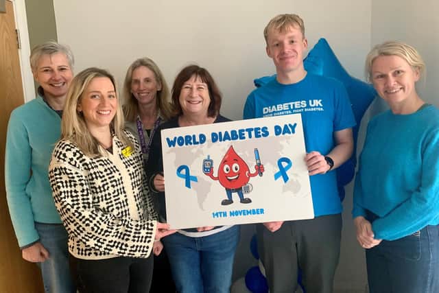 South Eastern Trust Paediatric Diabetes Specialist Nurse Lorraine Rooney, Paediatric Diabetes Specialist Nurse Catherine McKinley, Clinical Lead Paediatric Dietician Arlene Long, Dr Shelia McGovern, Diabetes UK’s Calum Stewart and Dr Nuala Flanagan. Pic credit: SEHSCT
