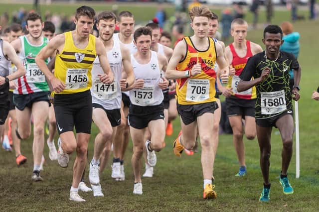 Nick Griggs of Mid Ulster AC up at the front in Saturday's NI International Cross Country. Pic Bob Given