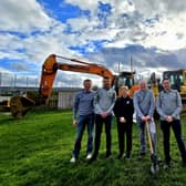 Draperstown Celtic Chairman Paul McCallion (second from right) and the clubs pitch development sub committee, Ryan Lagan, John Higgins, Alice Bradley and Kevin McCullagh, mark the start of work on the clubs new floodlit 3G pitch. Credit: Submitted