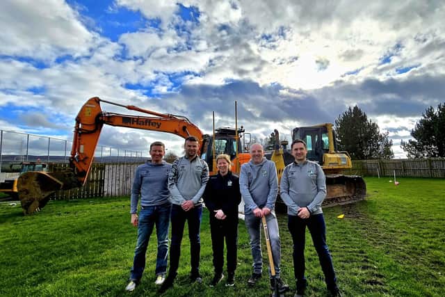 Draperstown Celtic Chairman Paul McCallion (second from right) and the clubs pitch development sub committee, Ryan Lagan, John Higgins, Alice Bradley and Kevin McCullagh, mark the start of work on the clubs new floodlit 3G pitch. Credit: Submitted