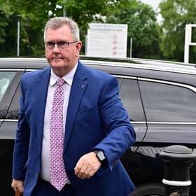 Jeffrey Donaldson arriving at Newry Crown Court in June. Picture: Arthur Allison / Pacemaker Press.