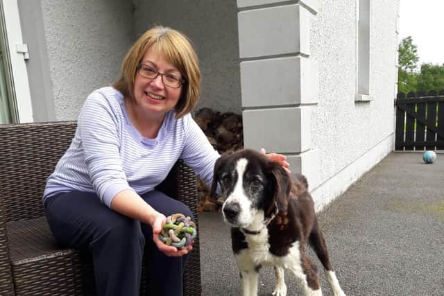 Heather Vance who was almost trampled to death by cattle pictured with her pet collie Trigger. Credit: Contributed