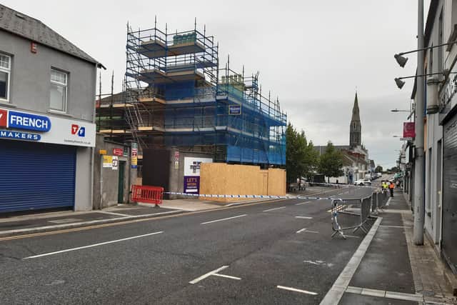 Part of North Street in Lurgan remains closed after a wall partially collapsed during renovations at the landmark building belonging to the Irish National Foresters. Businesses in the street are operating as normal and there is pedestrian access.