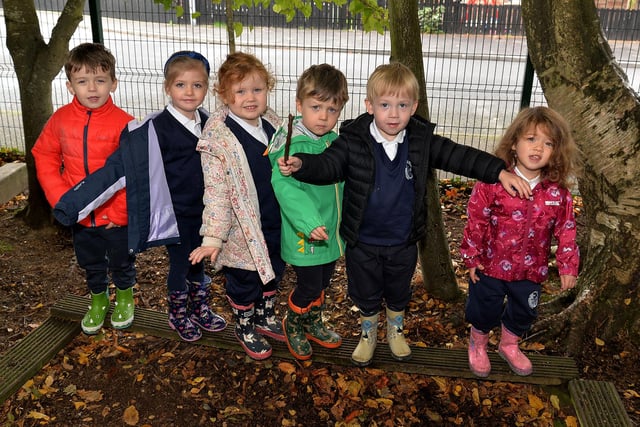 Walking the plank at Portadown Integrated Primary School Nursery Unit are pupils from left, Mantas, Eliza, Eimear, Alexander, Logan and Kylah. PT42-312.