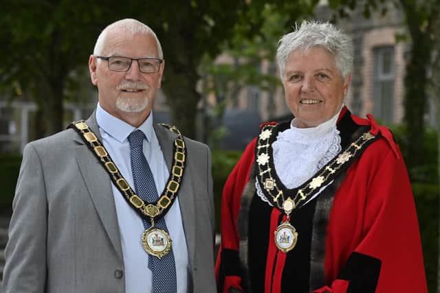 Newly-appointed Mayor of Antrim and Newtownabbey Borough, Councillor Henry Cushinan and Deputy Mayor, Councillor Alison Bennington. Picture: Antrim and Newtownabbey BC.