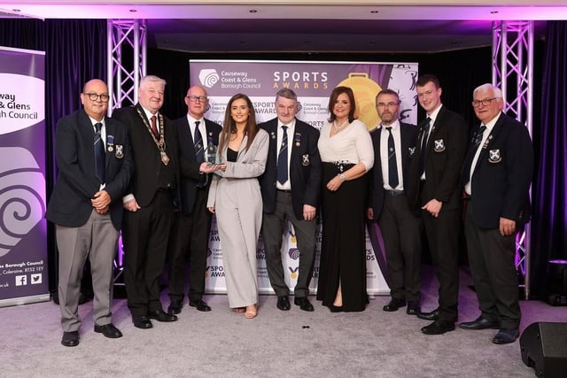 Senior Team winners, Limavady Senior Bowls Team with Denise Watson and Mayor, Councillor Steven Callaghan.