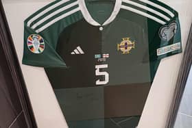 Jonny Evans' shirt from Northern Ireland's Euro 2024 qualifier away to Kazakhstan is up for grabs. (Pic: Contributed).