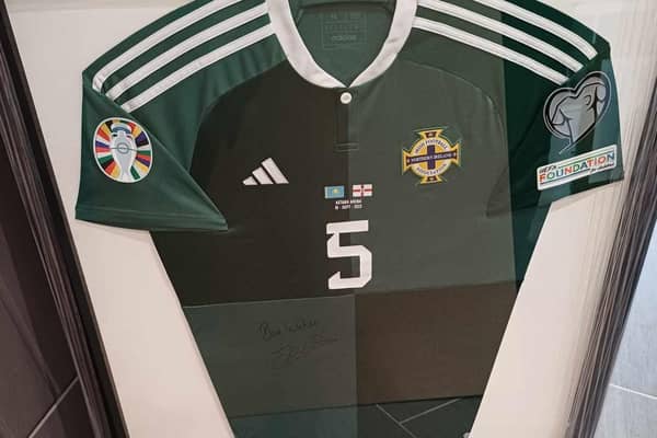 Jonny Evans' shirt from Northern Ireland's Euro 2024 qualifier away to Kazakhstan is up for grabs. (Pic: Contributed).
