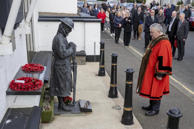 The Mayor of Causeway Coast and Glens Borough Council, Councillor Ivor Wallace, pictured at the Service of Remembrance and Wreath Laying Ceremony at the War Memorial on High Street in Ballymoney.