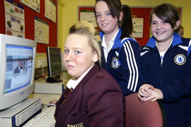 Courtney Jackson, Chloe Torrans, and Emma Thompson at computer class at Dunmurry High School's open night in 2008
