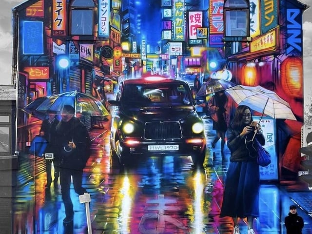Known for his Japanese-inspired musings, Kitchener’s street murals transport you straight to Tokyo with their bright colours and immense detail.

You’ll struggle to miss these vivid art pieces, with them appearing all over Belfast, including Night Taxi on the Shankill.
