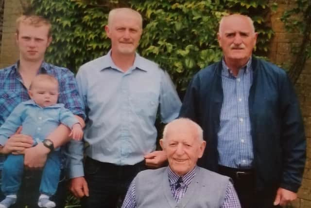 Five generations of the Kelly family from Richhill, Co Armagh. John Kelly and his son John Kelly Junior. Also pictured are John's grandson Robert Kelly, his great grandson Dean Kelly and his great, great grandson baby George Kelly.