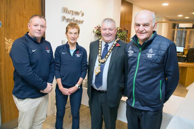 Lawn bowls Coach Tommy Smith, the Mayor of Causeway Coast and Glens Borough Council, Councillor Ivor Wallace, and para-triathlon guide Anne Paul pictured recently in Cloonavin at a reception to recognise local representatives who played a part at this year’s Commonwealth Games
