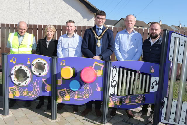 Mayor of Causeway Coast and Glens, Councillor Ciarán McQuillan, pictured alongside Martin McHenry, Estates Outdoor Facilities Inspector, Wendy McCullough, Head of Sport & Wellbeing, Garry Cardwell, Funding Support Officer, Brian Tohill, Sport & Wellbeing General Manager and Lindsay Hutchinson, Estates Technical Officer, at the official opening of the reinstated play park at Scally Park in Loughguile.