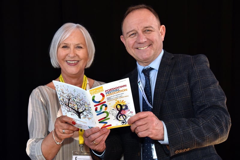 Portadown Music Festival adjudicator Steven Roberts pictured with Music secretary, Joy Gillespie on the opening day of the festival. PT13-209.