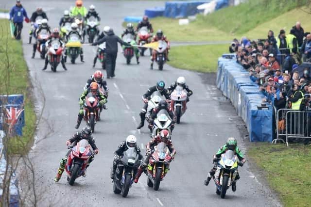 The start of the Supersport 600 race at the Tandragee 100 in 2022. The 60th anniversary Around A Pound Tandragee 100 was hit by prolonged rain with the organisers eventually abandoning the event after three races.