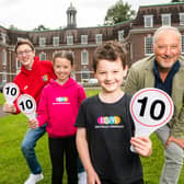 Pictured at the launch of BSPA’s 10th school which is due to open at Stranmillis College in September are current students, Jackson Allen 18, Amelia Spollen 9 and Edison Ormsby 7 with Artistic Director, Peter Corry MBE. Pic credit: BSPA