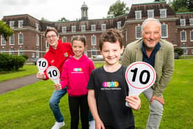 Pictured at the launch of BSPA’s 10th school which is due to open at Stranmillis College in September are current students, Jackson Allen 18, Amelia Spollen 9 and Edison Ormsby 7 with Artistic Director, Peter Corry MBE. Pic credit: BSPA