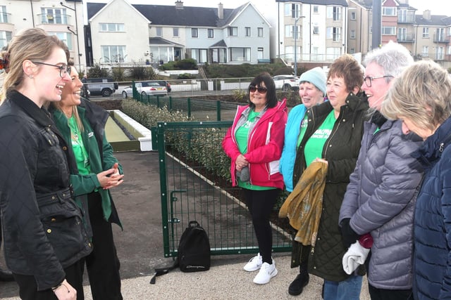 Dehenna Davison, Parliamentary Under-Secretary of State for the Department for Levelling Up, Housing and Communities, meets with Causeway Coast and Glens Borough Council’s Macmillan Move More Co-Ordinator Catherine King and members of the Move More group.