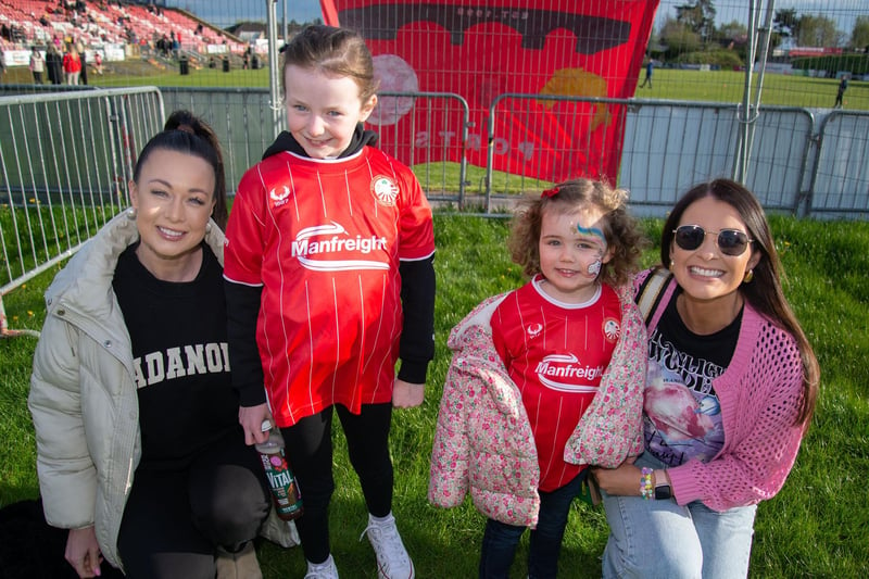 Enjoying the Portadown Football Club Family Fun Night are from left, Kirsty McVeigh, Sophia McElroy (7), Ruby Redman (3) and Rhianne Redman. PT17-226.