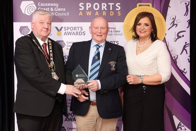 Services to Sport winner, John Waide at the gala awards event in the Lodge Hotel, Coleraine with Denise Watson and Mayor, Councillor Steven Callaghan.