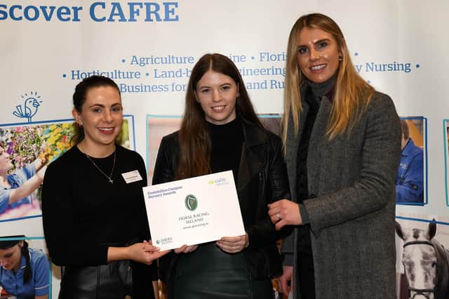 Certificate in Higher Education student Orla O’Kane (Ballymena) receives her bursary from Stacey McDonnell and Aine O’Connor, Horse Racing Ireland.