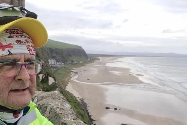TV presenter Timmy Mallett is cycling around the UK and Ireland and has reached the Causeway Coast.