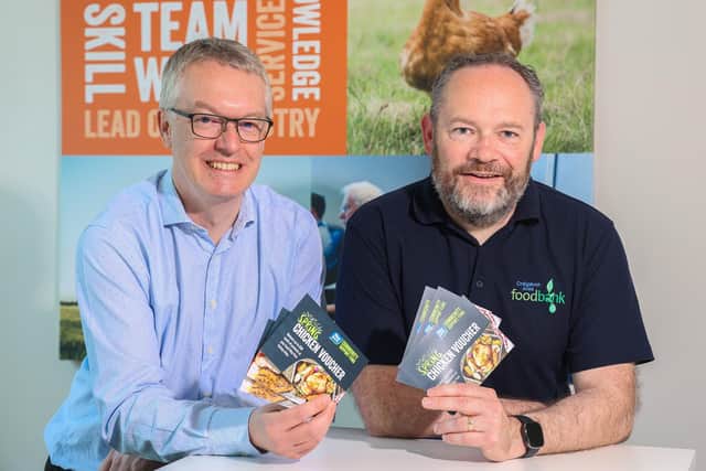 Brian Moreland, Moy Park pictured alongside Chris Leech from Craigavon Area Foodbank. Craigavon Area Foodbank received the donations as part of the ‘Spring Chicken’ initiative established by Moy Park earlier this year to provide products to foodbanks local to its sites across NI and GB.
