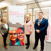 The Mayor and Deputy Mayor of Antrim and Newtownabbey join peacebuilders Eileen Weir and Anne Carr. (Pic: Contributed).