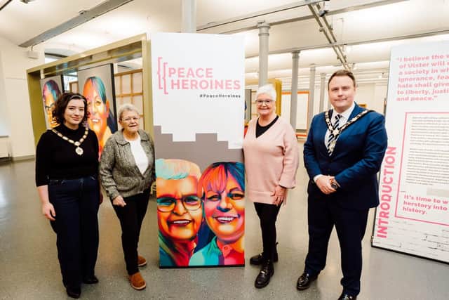 The Mayor and Deputy Mayor of Antrim and Newtownabbey join peacebuilders Eileen Weir and Anne Carr. (Pic: Contributed).