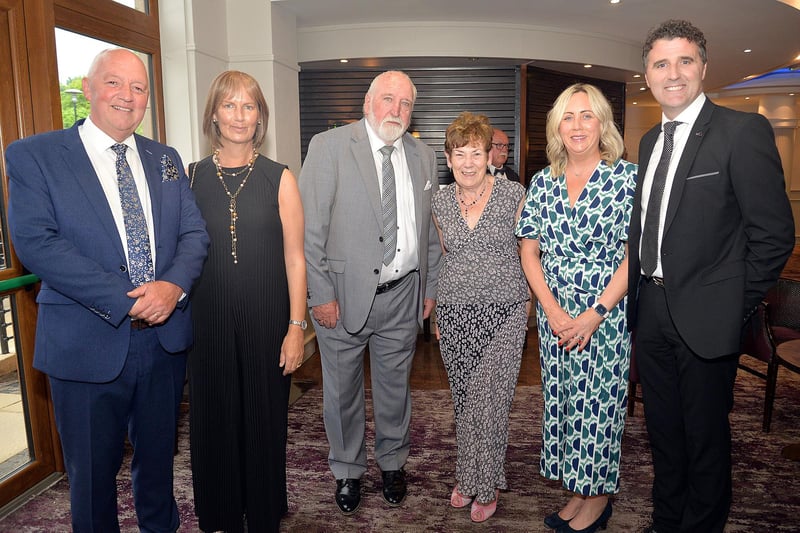 Pictured at the Lurgan College 150th annversary dinner on Friday night are from left, past principal, Trevor Robinson and his wife, Julie; past principal, Dennis Johnston and his wife, Liz and Lynne McCallan and her husband Kyle who is the current school principal. LM25-10.