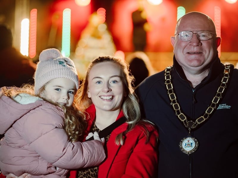 The Mayor of Antrim and Newtownabbey, Cllr Neil Kelly, alongside Cllr Jeannie Archibald-Brown and her daughter Olivia.