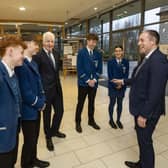 Minister of Education Paul Givan meeting students and Principal Dr Arthur Donnelly at Rathmore Grammar School during his first official visit. Pic credit: Department of Education