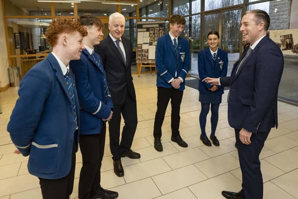 Minister of Education Paul Givan meeting students and Principal Dr Arthur Donnelly at Rathmore Grammar School during his first official visit. Pic credit: Department of Education